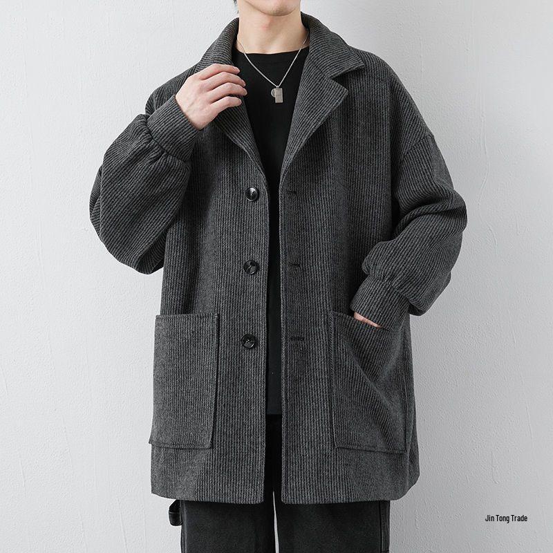 Men's Corduroy Wool Coat - Mid-Length, Loose Fit, Spring/Autumn, Hong Kong & Korean Style