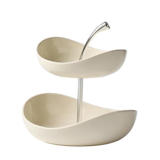 Double Layer Fruit Plate Multi-Layer Ceramic Fruit Bowl with Metal Stand Dishwasher Safe Corner Kitchen Countertop Organizer for Fruits Snacks Cakes