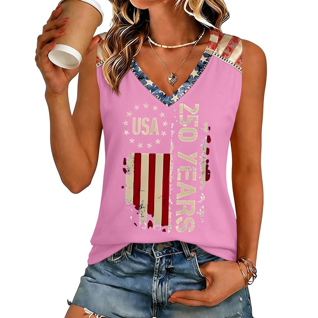 Women V Neck Casual Sleeveless Top with Independence Day Print Loose Fit Pullover Tank for Summer Daily Wear