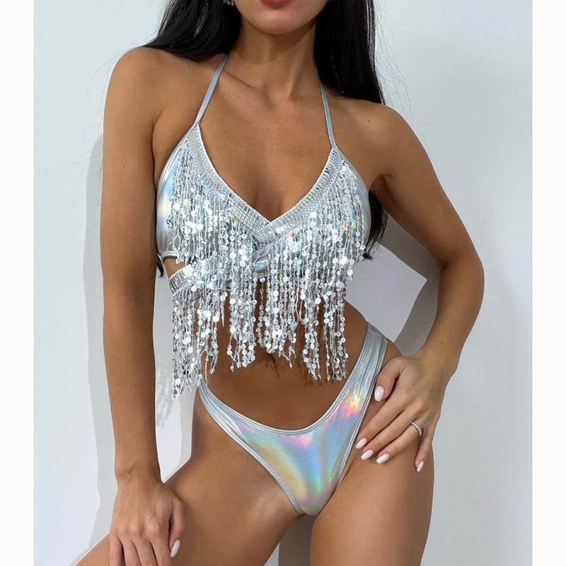 New Summer Solid Three Piece Set Swimsuit Women Bikini Shiny Sequins Sexy Tassel 3 Piece Suit Fashion Slim Fit Halter Swimsuits Bikini Set 24331