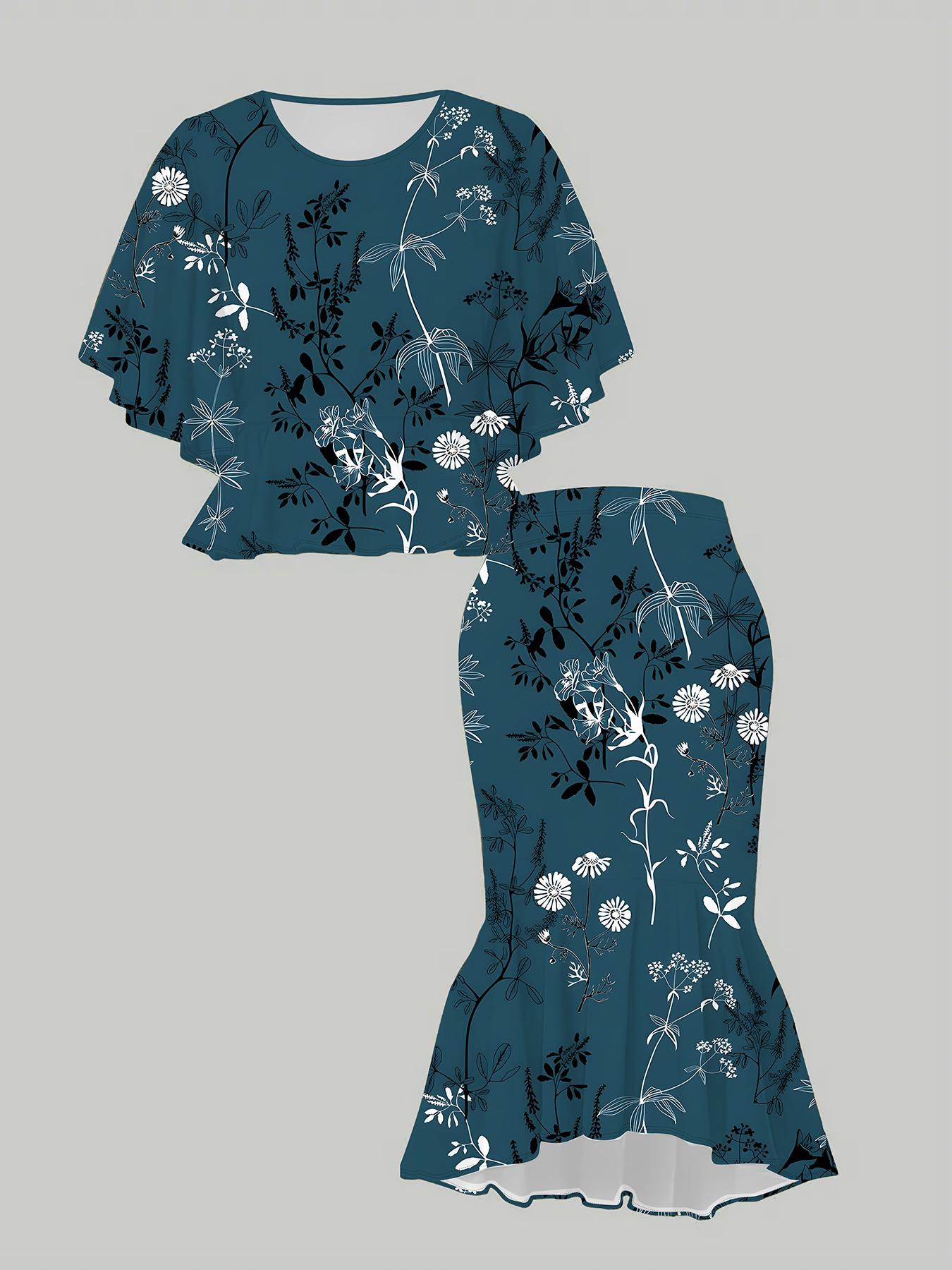 

3D Flower Printed Classical Totem Women s Print, Fashionable Large-sized, Elegant, Versatile for All Seasons. T-shirt, Skirt and Set 1XL синій