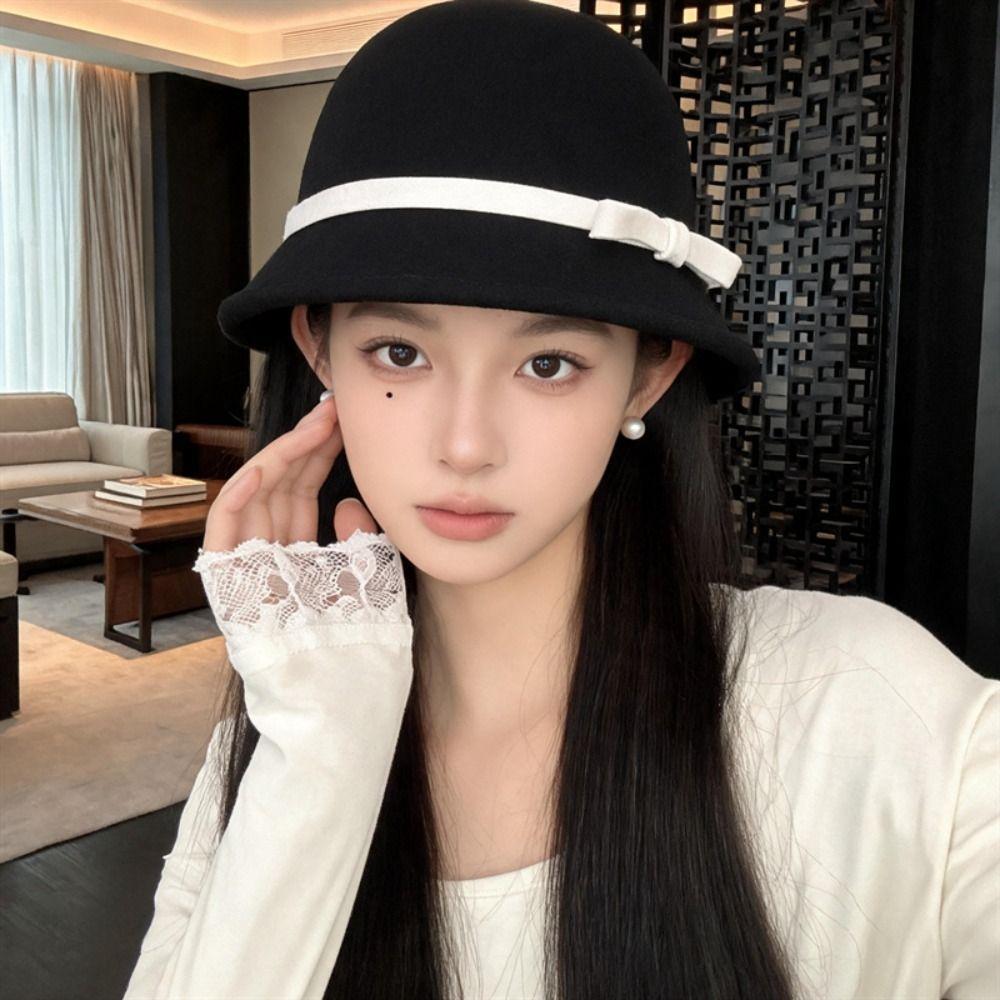 Soft Felt Fedora Hats Bowknot Decoration Bowler Hat Vintage Women Felt Hat  Formal Occasion
