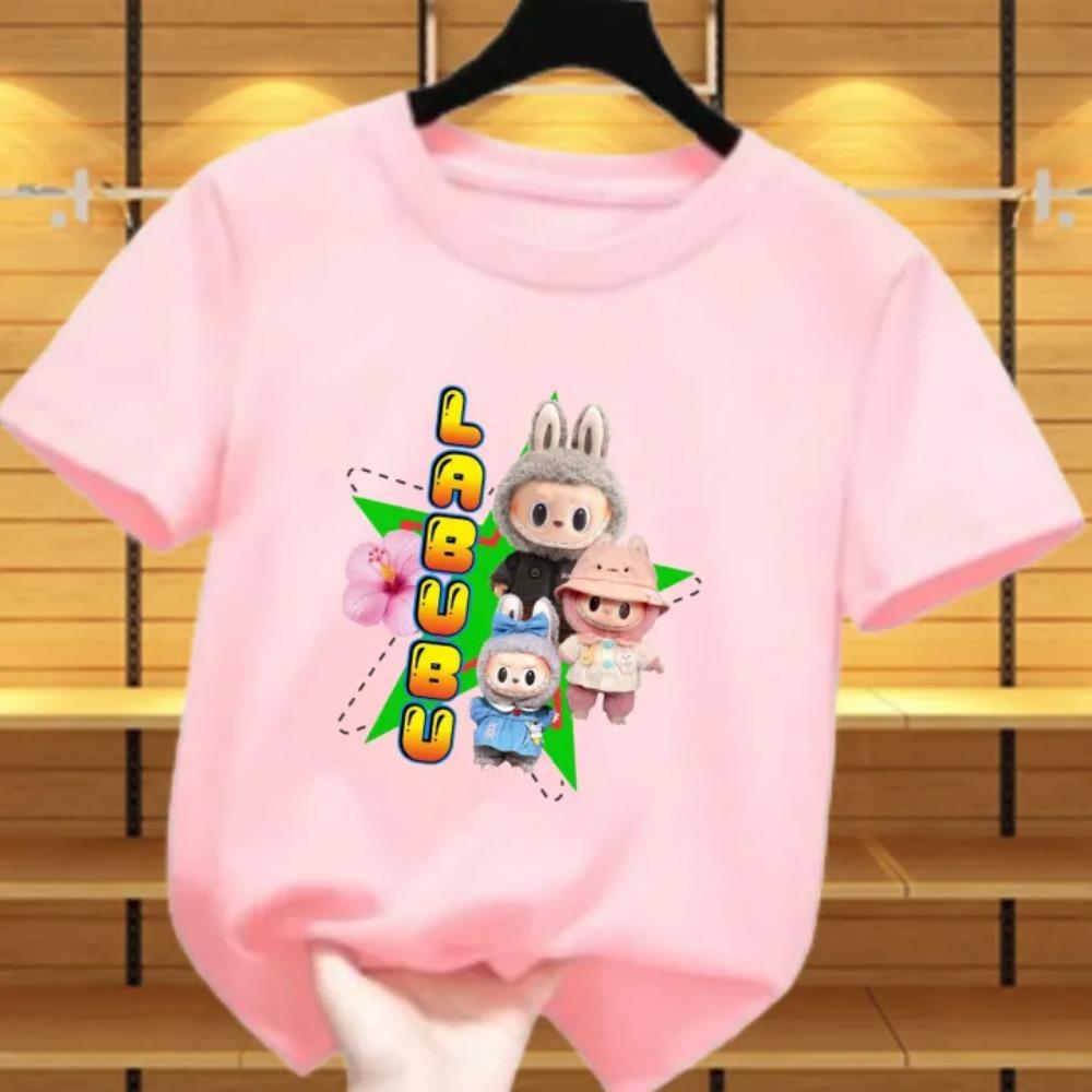 New Labubu Children's T-shirt Scarf LABUBU and Flower Pattern Girl Round Neck Short Sleeve Casual Versatile Clothing