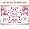 2D Pink Balloon Happy Birthday Backdrop with Hearts and Ribbons Party Banner
