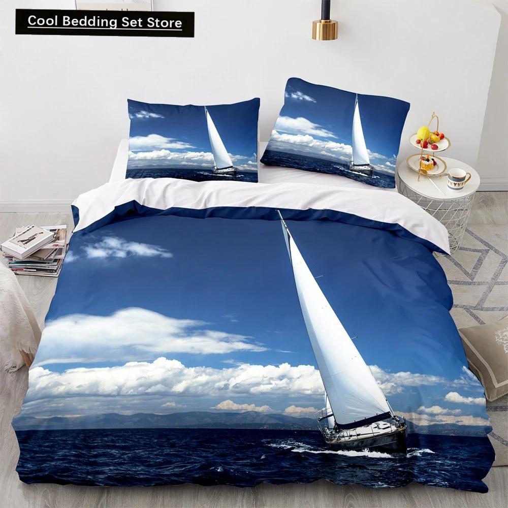 Vintage Segelboot König Königin Bettbezug Nautisches Ozean Bettwäscheset für Teenager Erwachsene Schiff Feuer Schwarz 23-teilig Polyester Bettdeckenbezug