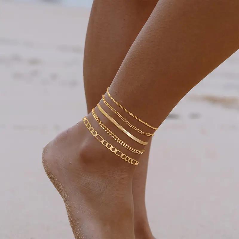 Trendy 6-Piece Women's Anklet Set: European & American Style, Multi-Layer Snake Chain Design