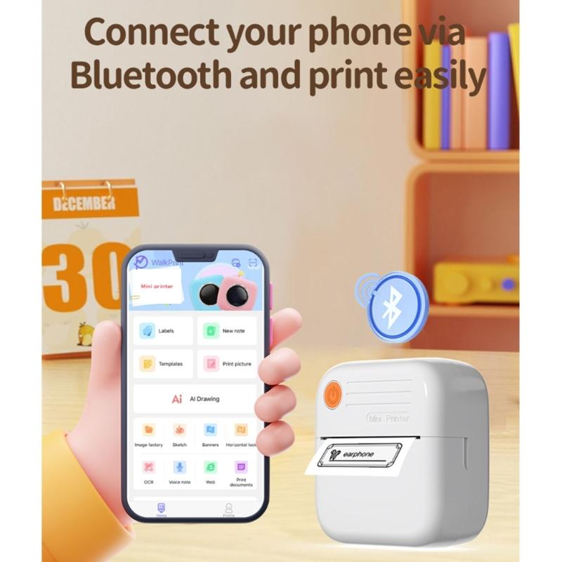 Mini Thermals Label Maker For Children Cordless Bluetooth-compatible Printing 200DPI Resolution Safe 45 Degree Tear Line Rechargeable Type C
