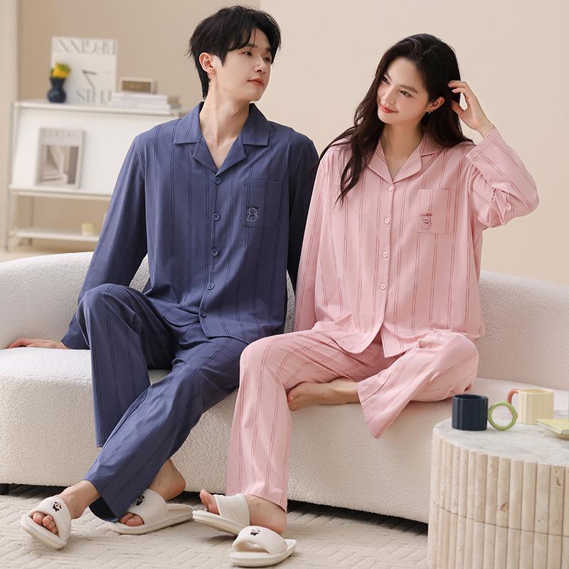 Couple pajamas pure cotton long-sleeved spring and autumn women's simple casual men's comfortable cardigan cotton loungewear set