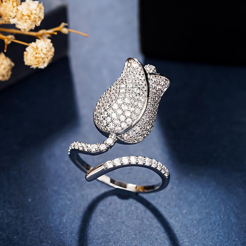 Copper Flower Rings With Dazzling Cz Aesthetic Wedding Accessories Female Opening Rings Fashion Jewelry