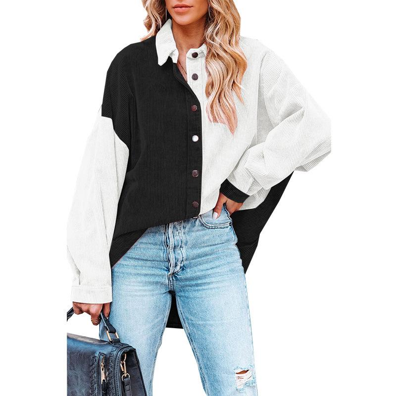 women s Color Block Corduroy Turn Down Collar Button Down Shirt Loose Casual Long Sleeve Blouse Top S