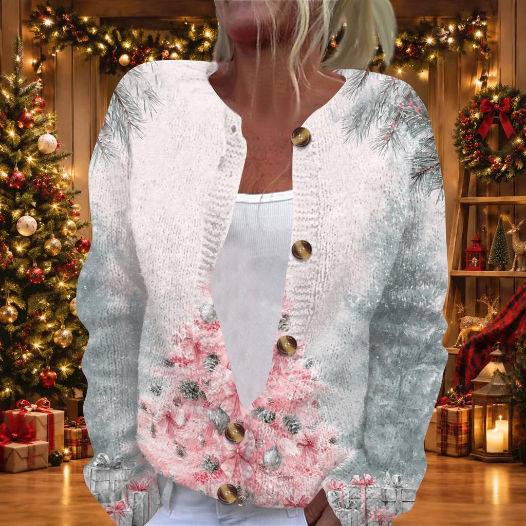 Women's Christmas Print Long Sleeve Knit Cardigan, Button Front Holiday Sweater