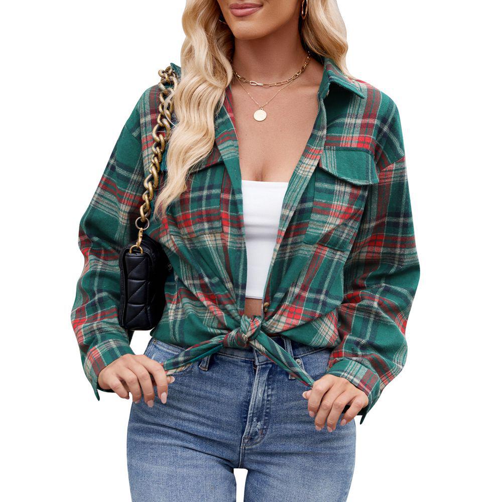 2024 Women's Casual Loose Plaid Pocket Shirt - Autumn/Winter European & American Fashion