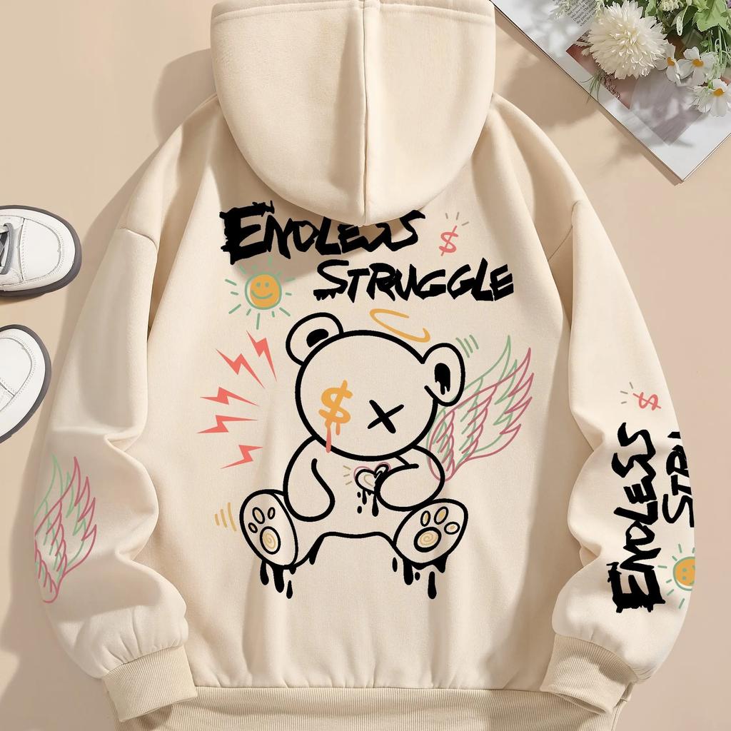 Street Men's and Women's Sweatshirts Endless Struggle Graffiti Bear Print Hoodies Loose Sweatshirt Set Sportswear Casual