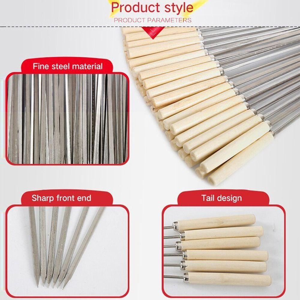 10PCS Wooden Handle Barbecue Stick Stainless Steel BBQ Needle Reusable Barbecue Tools Barbecue