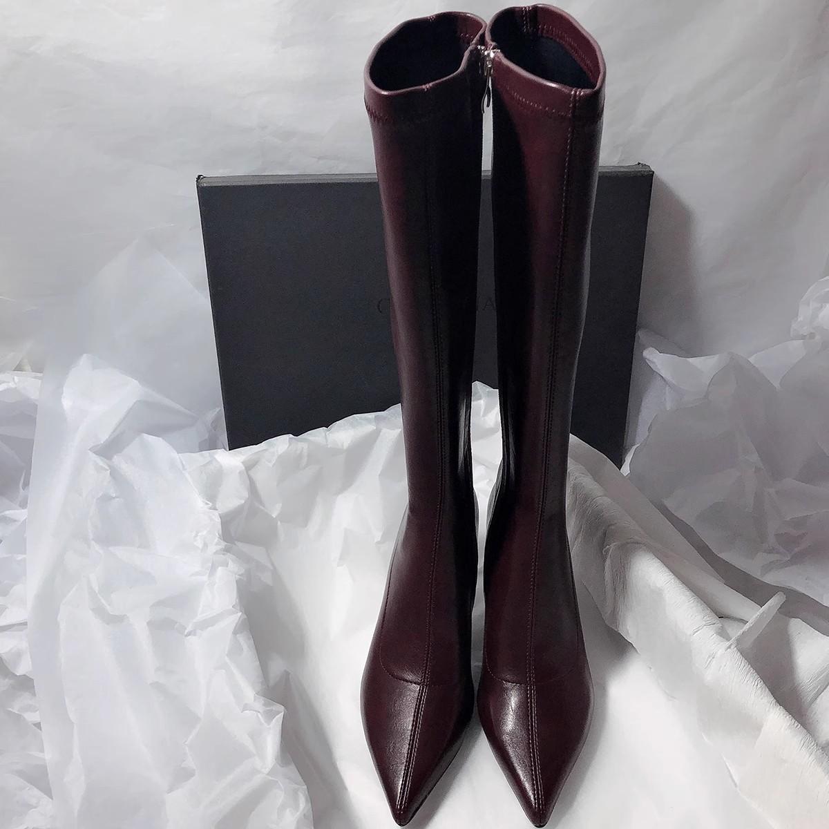 

European and American style simple retro pointed brown thin heel Martin boots thin boots stacking boots women s boots high heel boots 40 бордовий