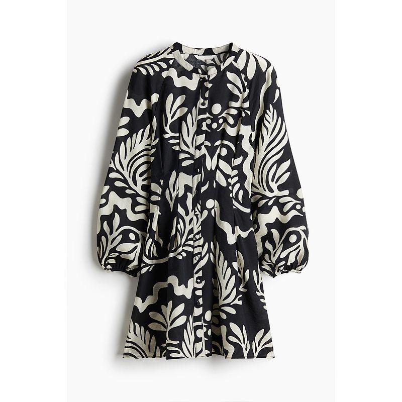 

HM Women s Clothing Dress 2025 Autumn New Arrival Chinese Collar Tight Waist Stylish Floral Dress 1271151 Black/Pattern 155/80