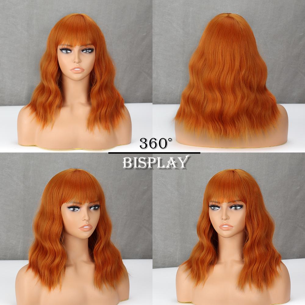 MISSQUEEN Synthetic Fiber Short Wavy Wig Middle Length Natural Wave Hair with Bangs for Women Orange Wig Cosplay Party