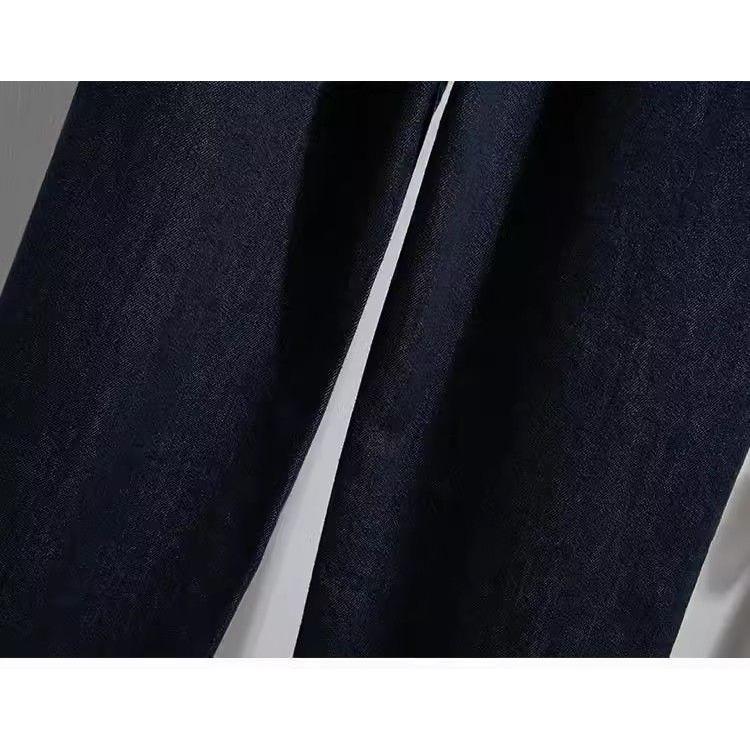Retro Dark Blue Straight Leg Cropped Pants Jeans for Women Spring Elastic Waisted Wide Leg Pants