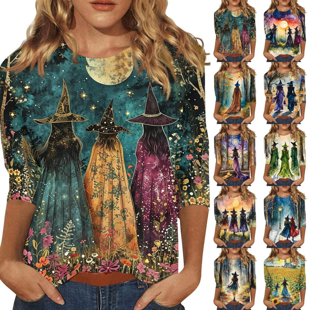 Women's Fashion Casual 3/4 Sleeve Halloween Print Neck Blouse