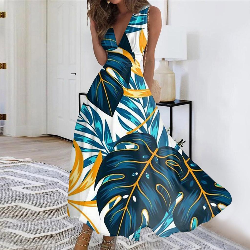 Women's Summer Fashion Hawaiian Print V-Neck Sleeveless Tunic Casual Dresses