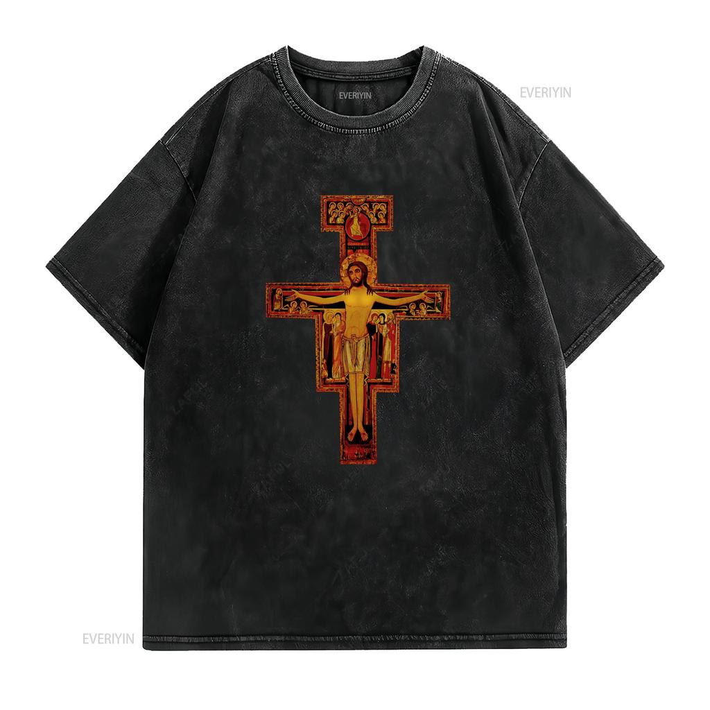 St Francis of Assisi San Damiano Cross Catholic Eastern Retro Unisexs T Shirt Vintage Washed Slightly Casual Stylish Versatile