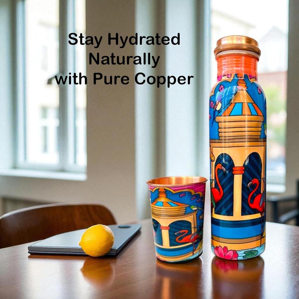 Embracing Rainy Delight Meena Print Copper Water Bottle Set | Handcrafted Tamba Bottle with 2 Glasses | Premium Copper Water Bottle