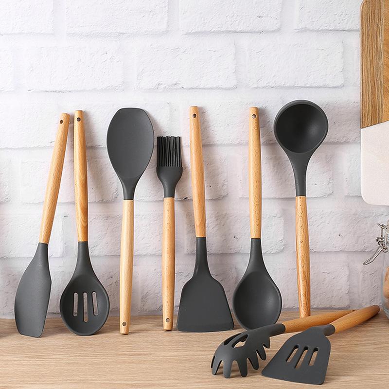 1Pcs Silicone Wood Handle Gray Spatula, Soup Spoon, Spatula, Spaghetti Noodle, Kitchen Cooking Tools, Kitchen Utensils Tableware