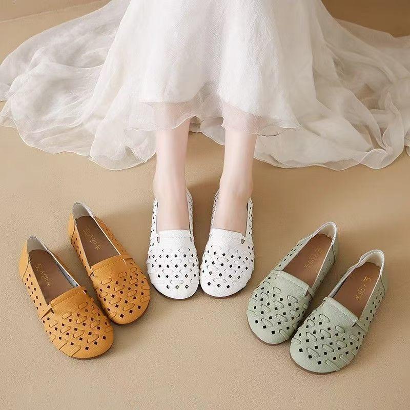 Summer new breathable hollow women's Doudou shoes soft sole soft surface woven fabric comfortable flat sole single shoes