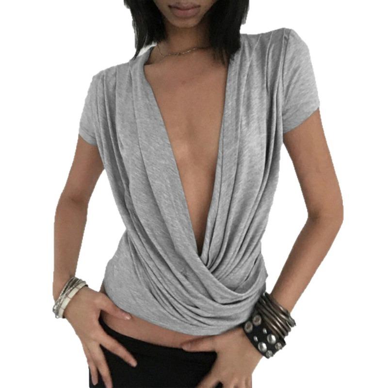 Sexy Deep V Neck Pleated Solid Short Sleeve T Shirt For Women