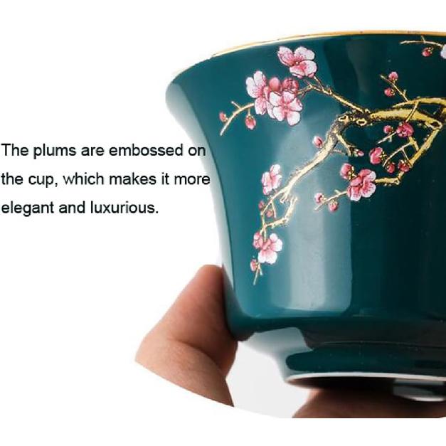 YBK Tech 10oz Large Gaiwan, Porcelain Kung Fu Tea Cup and Saucer with Lid, Chinese Traditional Gaiwan, Sancai Tea Bowl - Embossed Plum Patterns