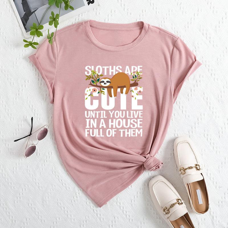 Summer Women's Fashionable Letter Sloth Short Sleeved Casual Loose Cotton Round Neck Top