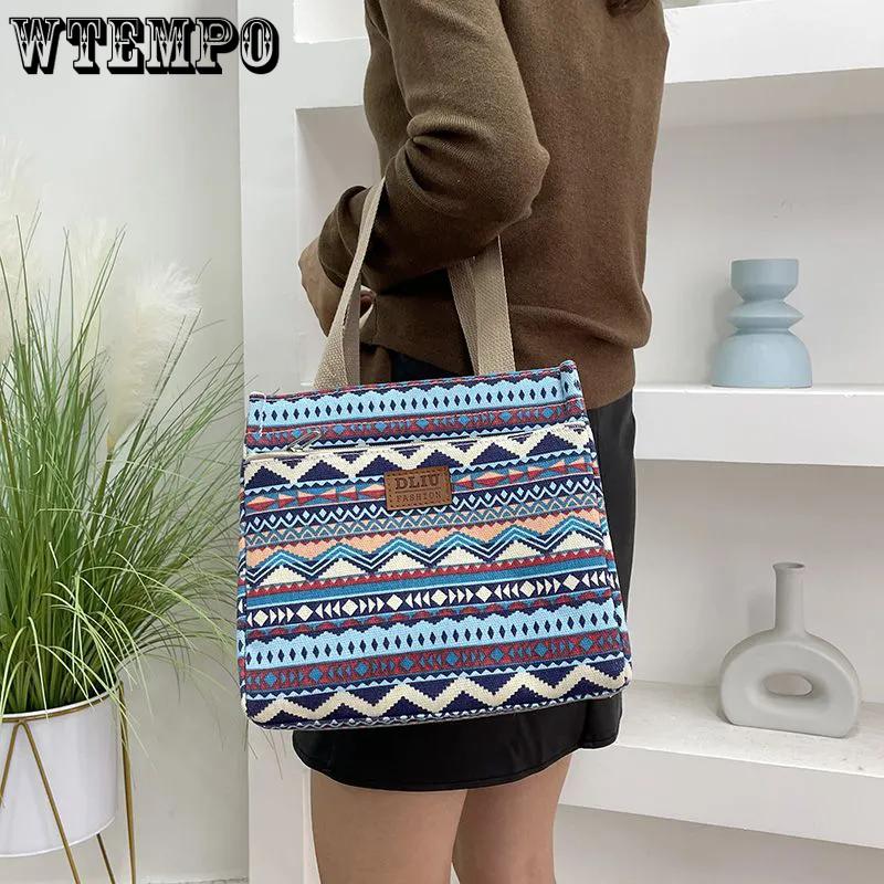 WTEMPO Canvas Lunch Box Handbags Aluminum Foil Insulated Work Hand-carried Lunch Bag Ethnic Style Retro Mommy Bags