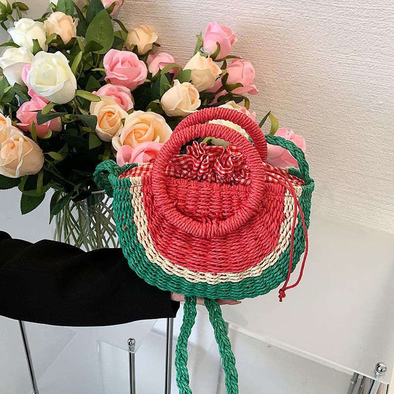 Small Hand-made Braided Bags Beach Summer Straw Bag Fashion Rattan Totes Lady Cute Watermelon Shoulder Bags Women Woven Handbags