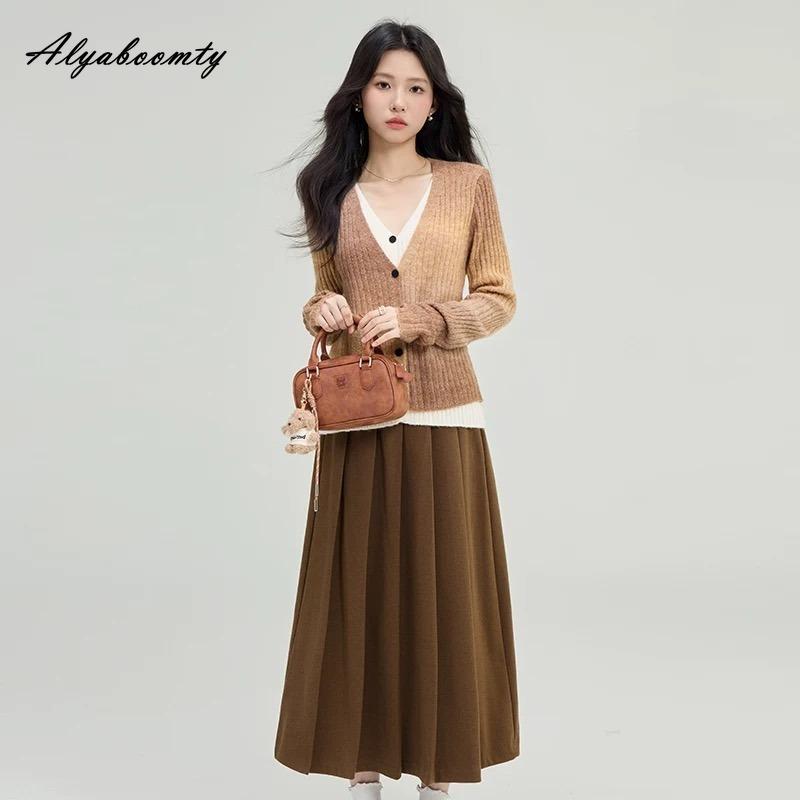 French Style Spring Autumn Women Knitted Cardigan Contrast Color V Neck Knitting Top Long Sleeve 1 Piece Patchwork Feminine Outerwear