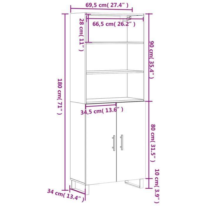 VidaXL Buffet haut Noir 69,5x34x180 cm Bois d'ingénierie 3189278