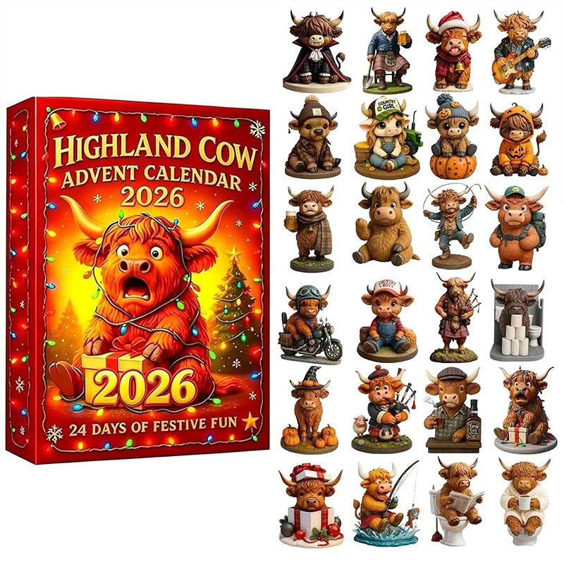 2026 3D Highland Cow Advent Calendar Highland Cow Gifts 24 Days Christmas Countdown Calendar Mini Scottish Cow Toy For Cow Lover