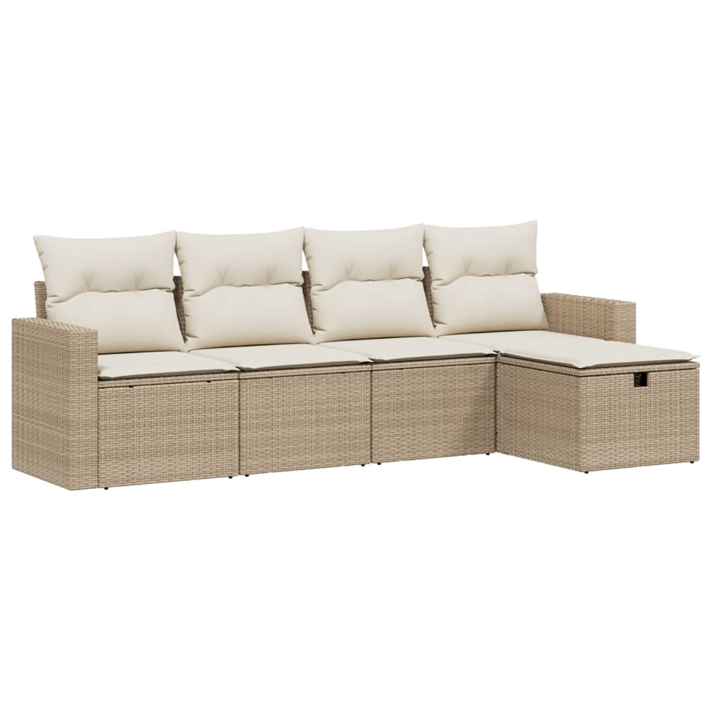 5 Piece Garden Sofa Set with Cushions Beige Poly Rattan
