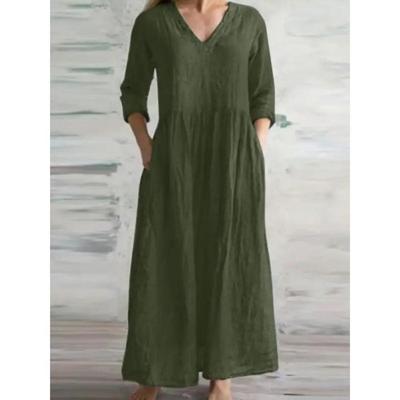 New Women Casual V Neck Half Sleeves Loose Long Maxi Dress Simple Style Cotton Linen Spring Autumn Vestido Lady Dress