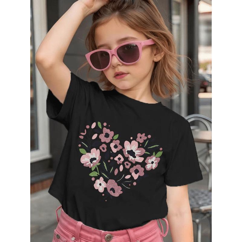 European Sizes Baby Short Sleeve Sweet Pink Floral Heart Pattern Girls' Summer Cartoon Cute Loose Casual T-Shirt