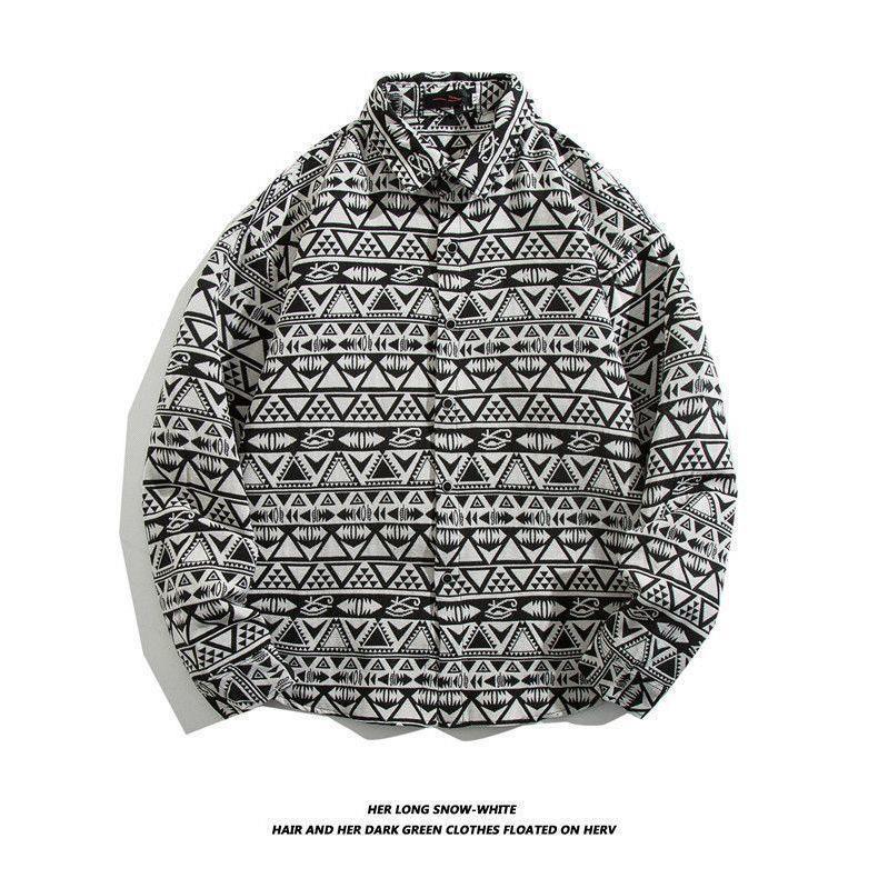 Men's Cuban Vintage Retro Long Sleeve Shirt Japanese Ethnic Style Autumn Winter Casual Button Down