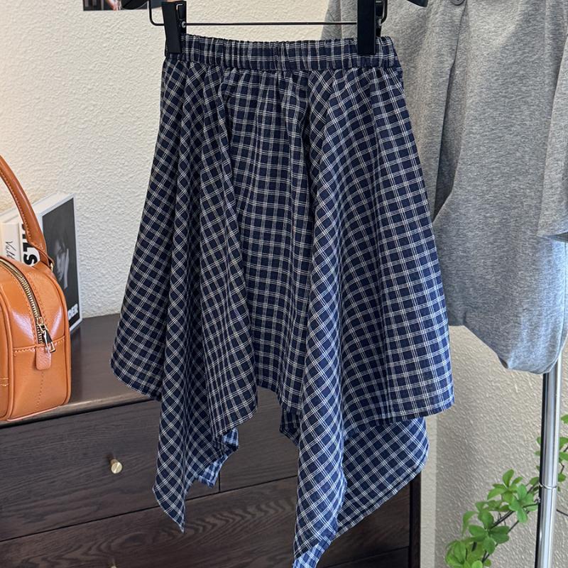 Korean Style Casual Sporty Versatile Tie Waist Plaid Skirt Summer Hot Girl Style Irregular Design Women's Skirt