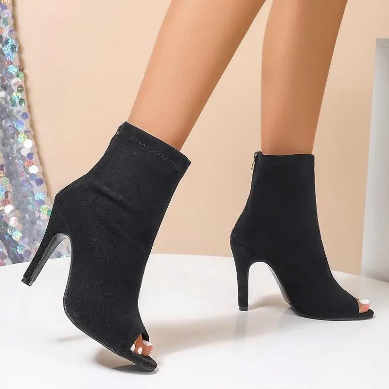 Fashion 2025 Women's Fashion High-heeled Sandals Fall New Round Head Open Toe Fish Mouth Back Zipper Cool Boots