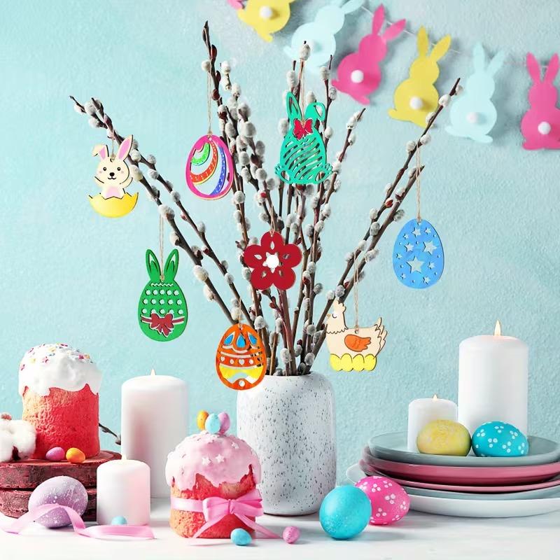 2026 1-3Sets DIY Wooden Easter Egg Craft Set 3D Hanging Decorations with Beads String and Stickers for Classroom Activities