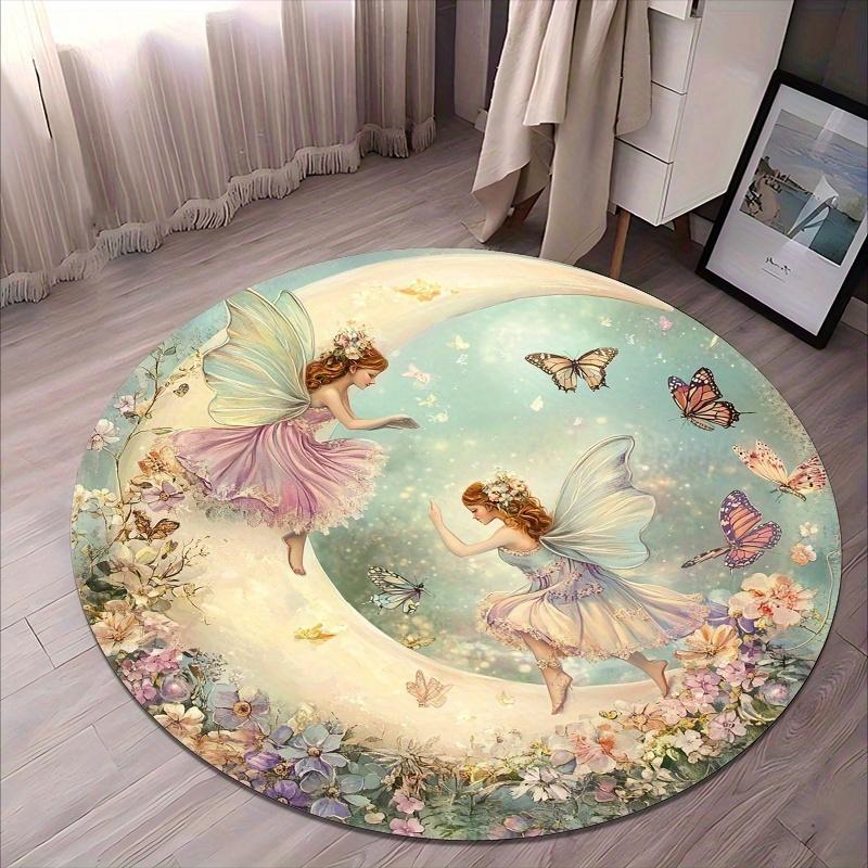 1pc Enchanted Fairy&Butterfly Round Floor Mat-Non-Slip Machine Washable 100% Polyester,Whimsical Floral Design for Living Room Bedroom Study