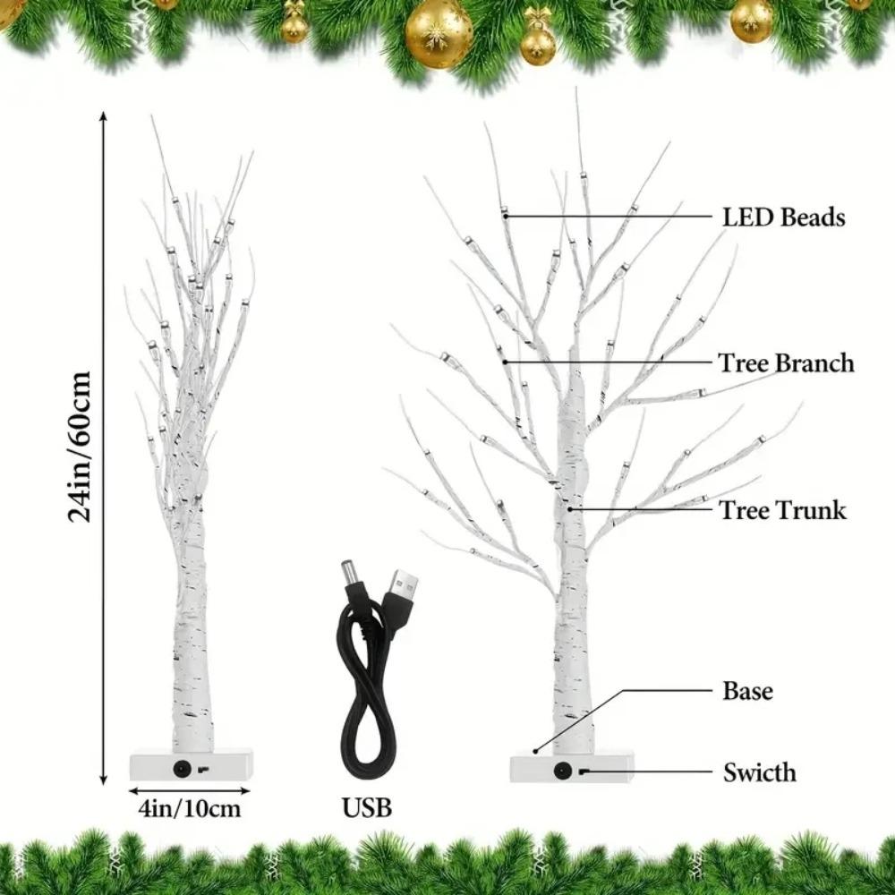 24 LED Easter tree, birch tree adjustable branches 3AA and USB power supply, bedroom decorative tree light 60cm