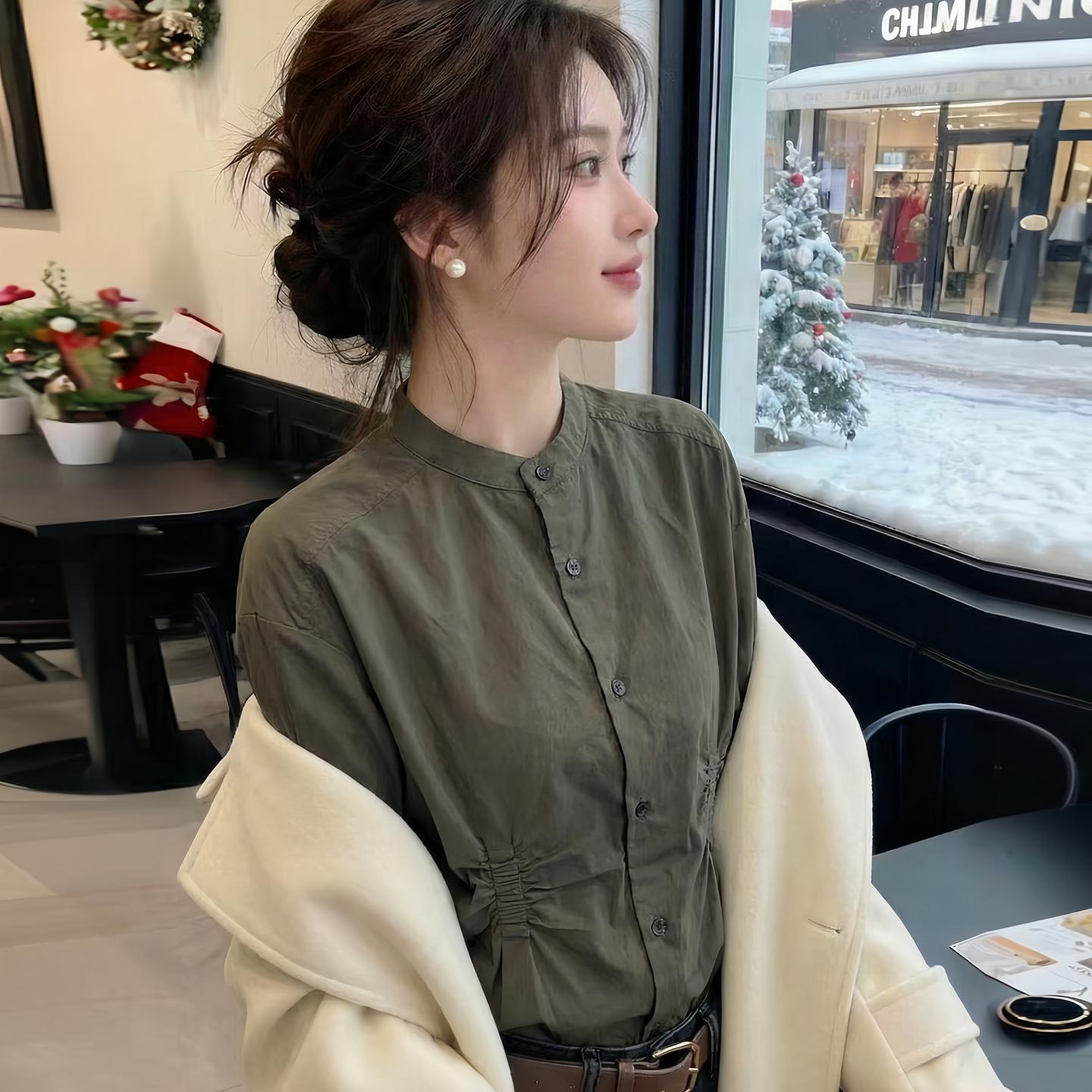 

Korean Style Long Sleeve Cropped Pleated Top for Women - Spring Design M [80-105 lbs] армія зелений колір