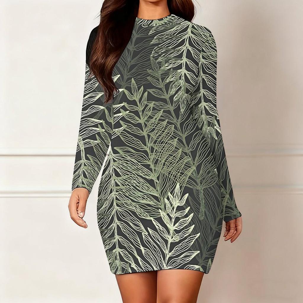 2025 Outono e Inverno Novo Estampa Floral 3D e Tingimento Moda Feminina Manga Longa Gola Redonda Vestido Envolvente de Quadril Dia dos Namorados Limitado