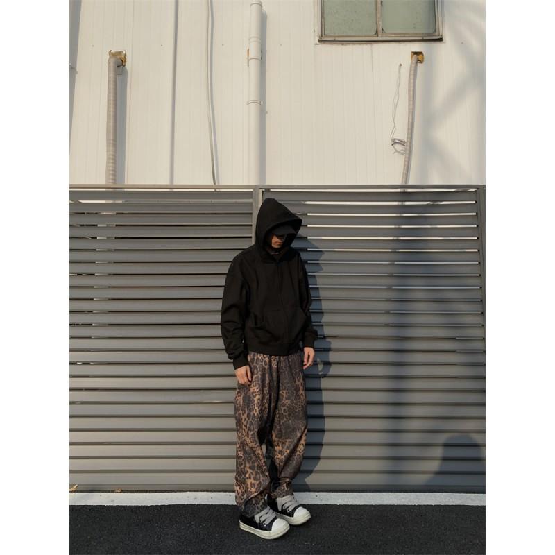 Mens Hip Hop Leopard Print Straight Leg Pants Casual Loose Wide Trousers Daily Wear