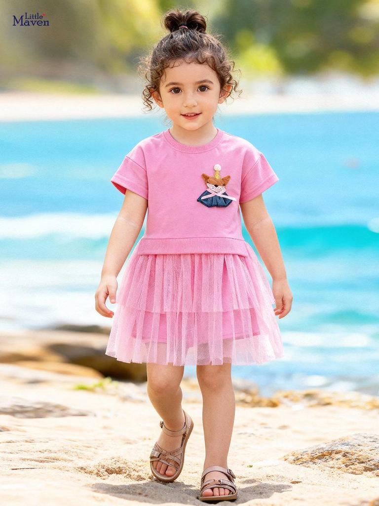 Little Maven Girls' Summer Short-Sleeve Mesh Dress - European and American Style