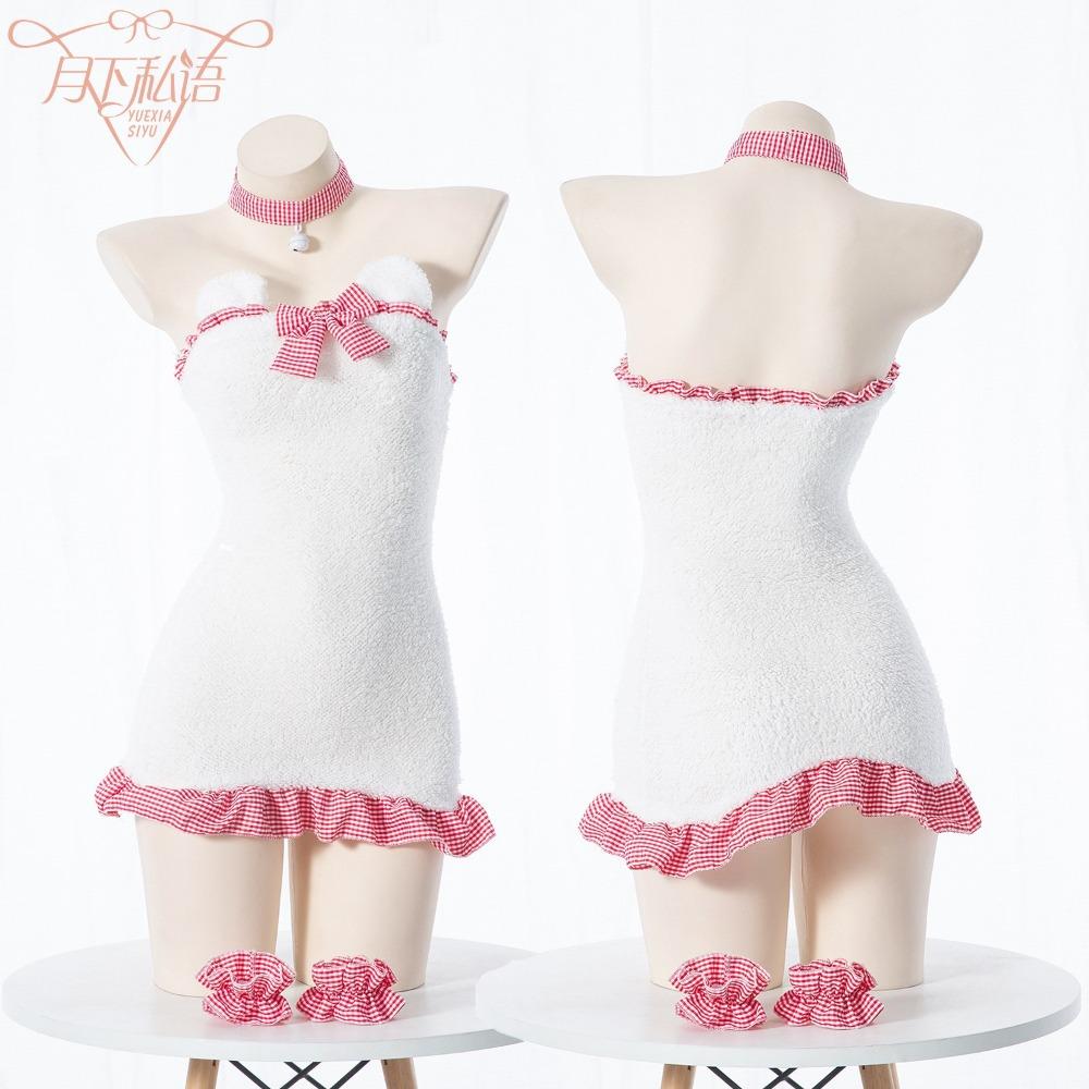 Fun Christmas Plush Backless Maid Dress Bear Nightdress, Sexy Plaid Lace Bow Pajamas Hip Skirt